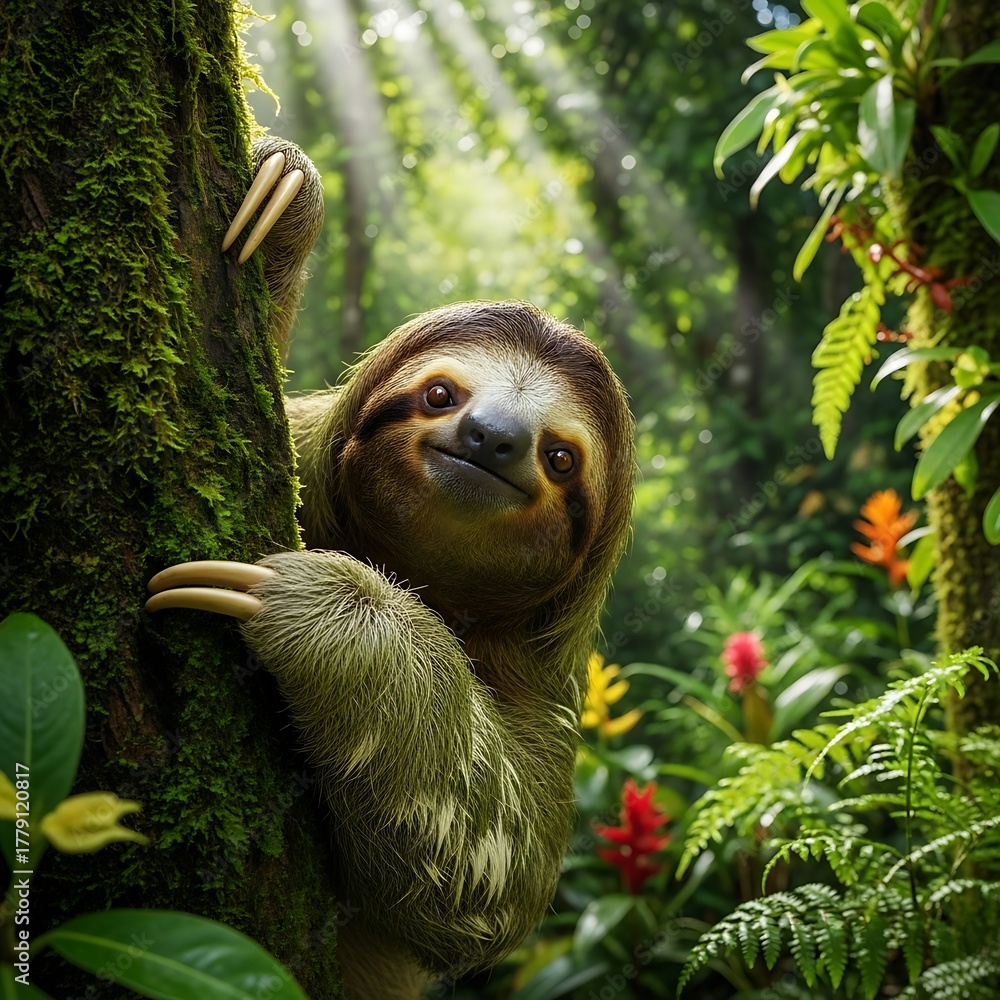 Obraz premium Sloth in the Rainforest - A Gentle Gaze Amidst Lush Greenery.
