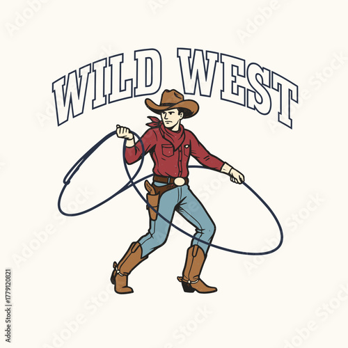 Wild West Cowboy Graphic. Retro Lasso Roper Illustration. Vintage Rancher T-shirt Print. American Rodeo Badge Emblem. Western Vector Artwork Design