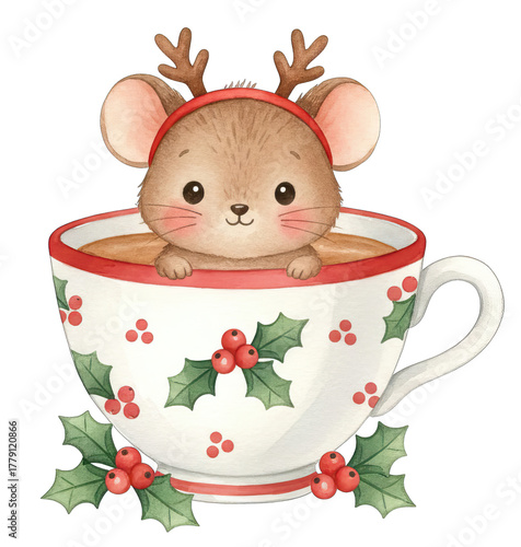 Cute animal mouse wearing reindeer antler headband peeks from festive teacup decorated with holly and red berries spreading cozy christmas cheer