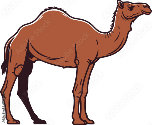 Cartoon camel with brown fur and a minimalist design stands in profile against a white backdrop, creating a clear, simple image ideal for educational resources or travel-related materials.