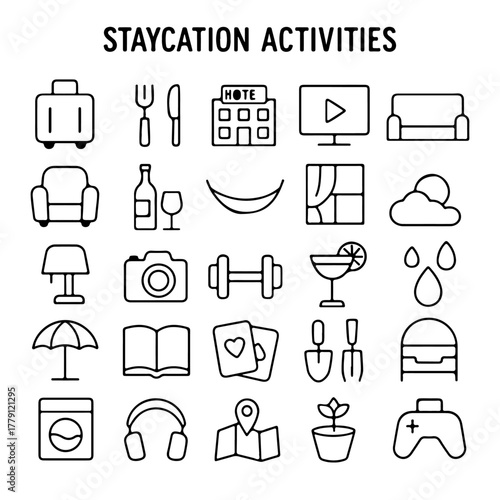 Line art illustration showcasing a variety of staycation activities, including suitcase, food, hotel, entertainment, relax and so on