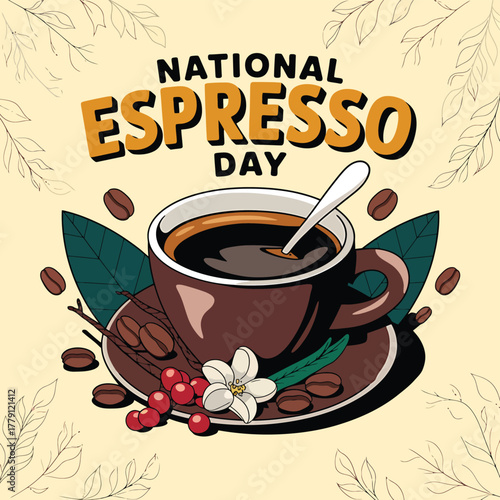 National espresso day illustration featuring a rich cup of espresso with a spoon, coffee beans, berries, and a flower, surrounded by leaves on a textured background