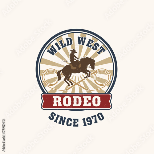 Vintage Rodeo Wild West Badge. Cowboy on Bucking Horse Logo. Retro Western Sport Emblem. Grunge Style Rodeo Event Label. Bucking Bronco Mascot Design