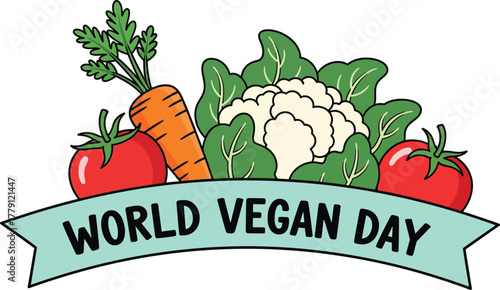 World vegan day banner with vegetables isolated on white background