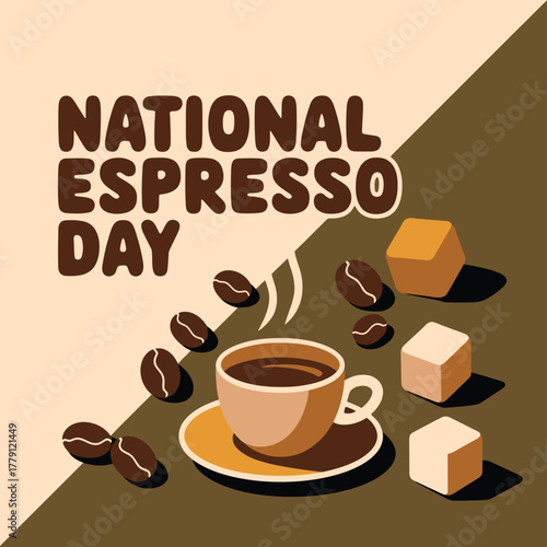 A stylized illustration of a cup of hot espresso with coffee beans and sugar cubes, commemorating national espresso day