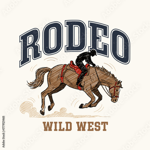 Rodeo Wild West Vintage T-shirt Design. Bucking Horse Rider Vector Illustration. Western Bronco Riding Grunge Graphic. Cowboy Sport Hand Drawn Badge