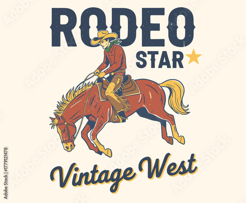 Rodeo Star Vintage Design. Cowboy Bronc Rider Graphic. Wild West Bucking Horse. Retro Western Emblem. Vintage Rodeo Tshirt Print