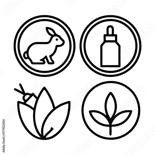 Cruelty free and eco certification label icons, black linear vector on white background.