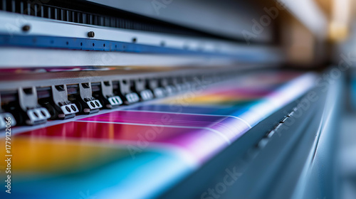 Wallpaper Mural Industrial printer producing colorful labels with defocused machinery, faceless label production, printing visualization detail, blurred equipment background, commercial printing c Torontodigital.ca