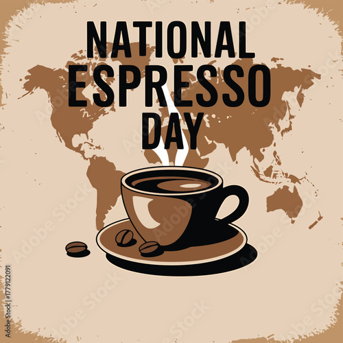 National espresso day celebrated with a steaming cup of coffee and a world map background, promoting global appreciation for this beloved beverage