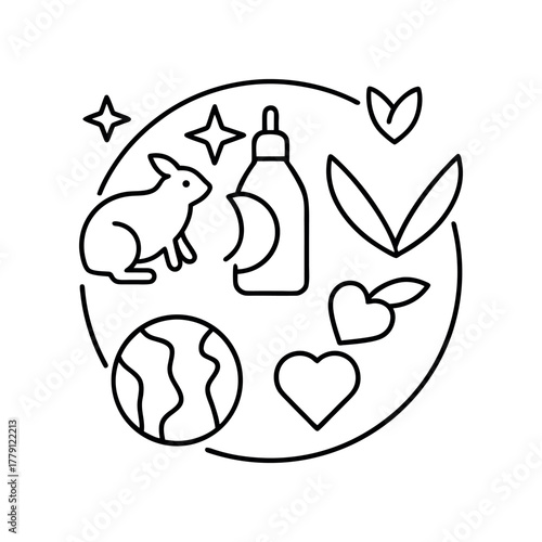 Clean vector line art of nature care symbols leaf, earth, bottle, heart, hand, cruelty-free bunny, white background.