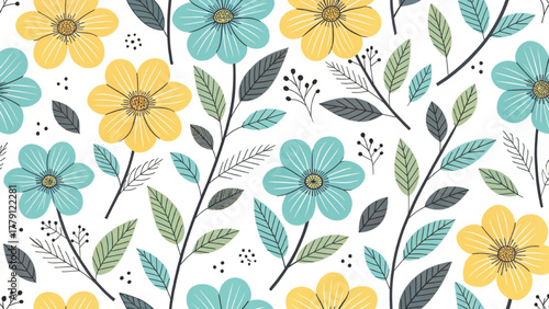 Seamless floral pattern modern abstract flowers with black outline petals and solid yellow petals Background 
