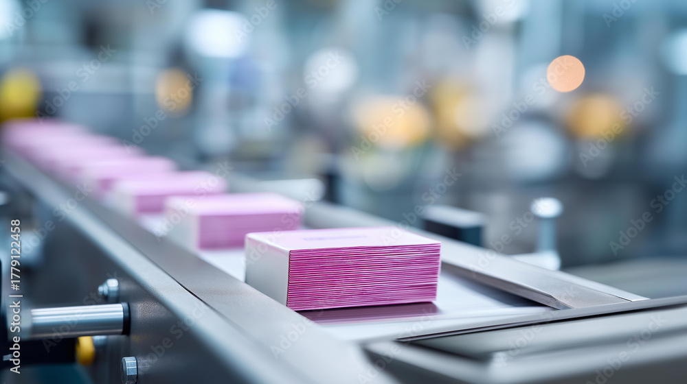 custom made wallpaper toronto digitalAutomatic label printing with digital panel defocused factory, faceless innovative technology, printing visualization detail, blurred production background, continuous film concept