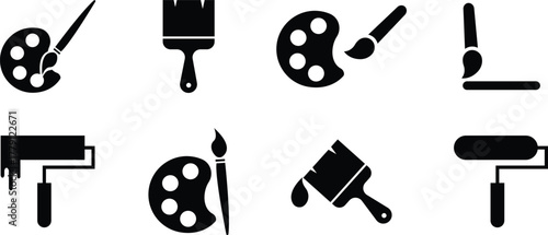 Painting icons set, art tool collection, brush and palette group, paint roller symbol vector illustration, black flat style creative equipment isolated on transparent background