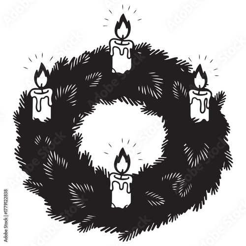 Monochrome Festive Wreath with Four Lit Candles Illustration