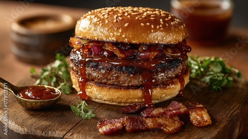 Gourmet bourbon burger with crispy bacon and rich BBQ sauce on rustic wooden board premium restaurant dining experience with fresh herbs garnish