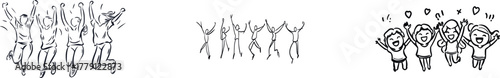A one-hand-drawn design on a white background showcases happy children jumping in a continuous line, embracing minimalist style