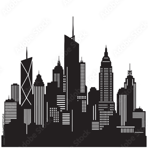 Stylized Black and White City Skyline Silhouette with Diverse Architecture