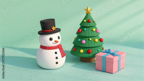 Cute handmade clay snowman with christmas tree and gift