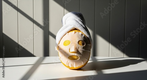 Yellow melon with sheet face mask under white towel, sunlit home interior still life with hard window shadows, playful spa wellness concept