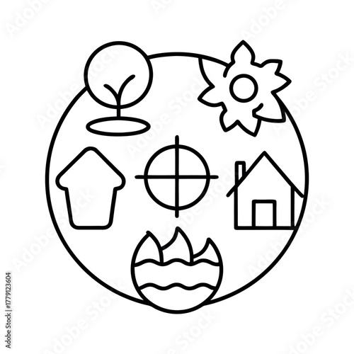 Global eco awareness and sustainable lifestyle minimal outline vector icons, black on white.