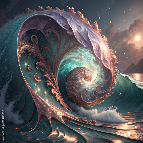 Abstract flowing wave texture with swirling energy and celestial lights illustration