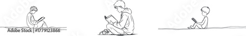 Continuous line drawing artfully represents children sitting and studying by reading books, conveying an educational idea