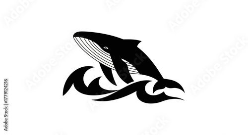 Black and white illustration of a whale jumping out of ocean waves