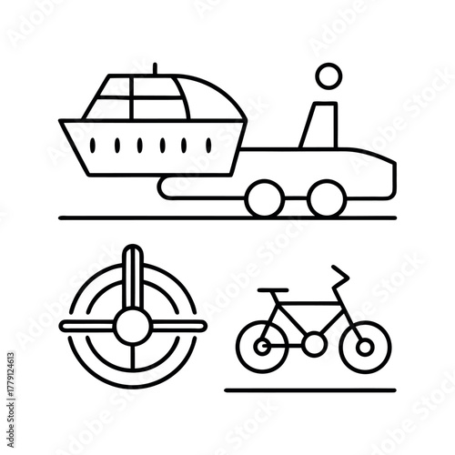 Line art icons of a car, bicycle, airplane, and ship, all on a white background.