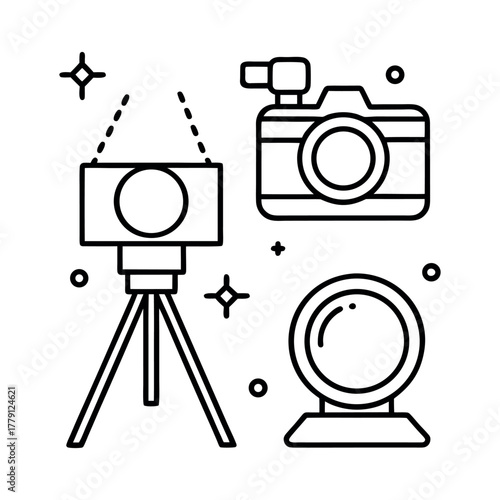 Line art icons of a camera, a flash, a tripod, and a lens, all on a white background.
