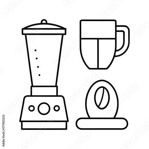 Line art icons of a coffee cup, a coffee bean, a blender, and a pastry, all on a white background.
