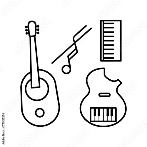 Line art icons of a guitar, a piano, a drum, and a music note, all on a white background.