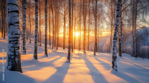 Golden hour sunlight streams through birch trees in a snowy winter forest landscape