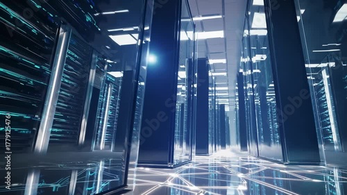 Futuristic data server room filled with glowing racks and digital network connections. Ideal for cybersecurity promos, corporate tech videos, IT education and cloud computing ads.
