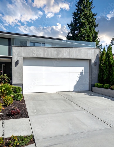 Modern home exterior with attached garage and manicured landscaping