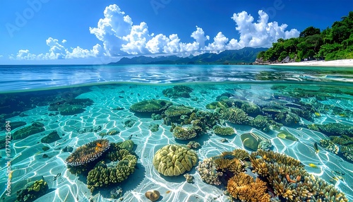 Fototapeta Naklejka Na Ścianę i Meble -  Tropical beach and coral reef underwater view
