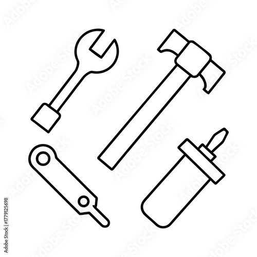 Line art icons of a hammer, a screwdriver, a wrench, and a saw, all on a white background.
