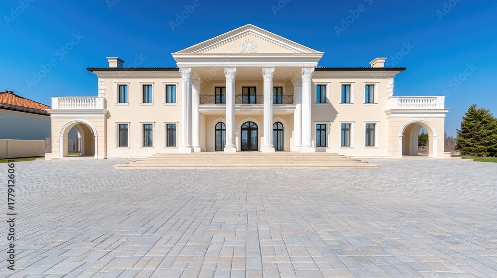 Obraz premium Luxurious two-story villa with European architecture under a clear blue sky evoking elegance and sophistication