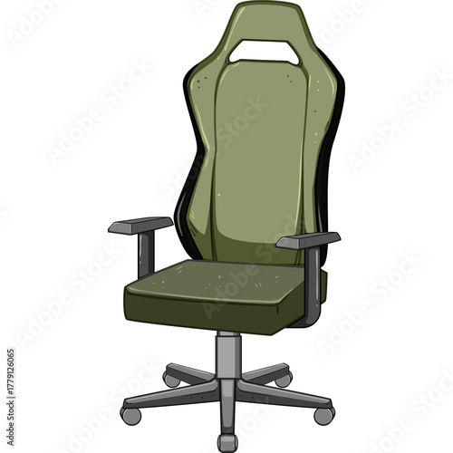 Pixel Art Gaming Chair With Adjustable Armrests And Lumbar Support In Olive Green And Black Isolated On White Background
