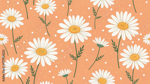 Seamless pattern of white daisy flowers with yellow centers Background 