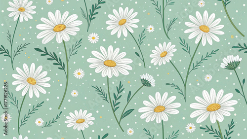 Seamless pattern of white daisy flowers with yellow centers Background 