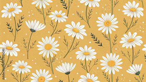 Seamless pattern of white daisy flowers with yellow centers Background 