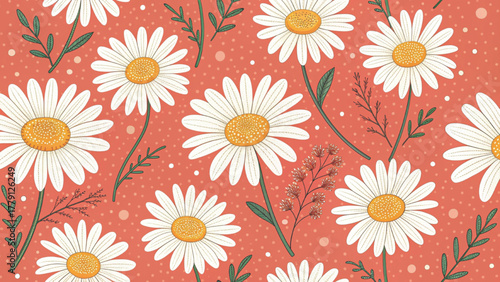 Seamless pattern of white daisy flowers with yellow centers Background 