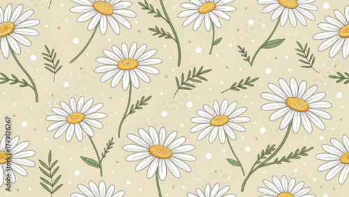 Seamless pattern of white daisy flowers with yellow centers Background 