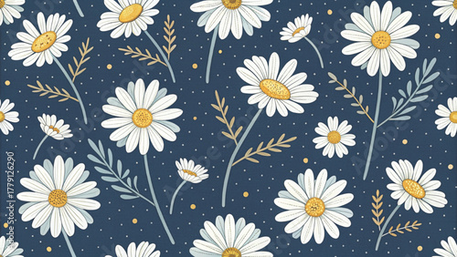 Seamless pattern of white daisy flowers with yellow centers Background 