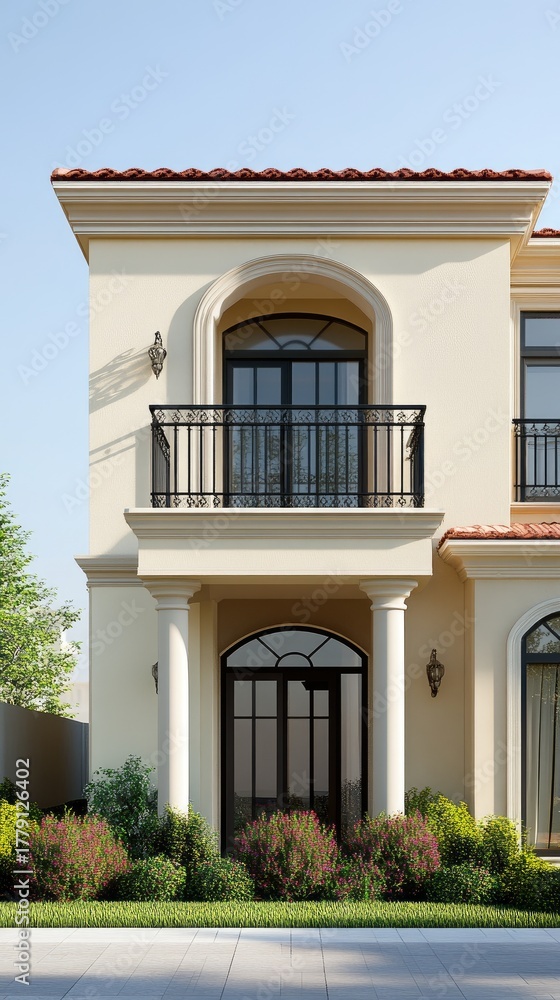 Fototapeta premium Elegant two-story villa with classical architecture and inviting balconies for outdoor relaxation
