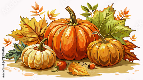 Very beautiful close-up of small pumpkins and autumn leaves on white background, realistic fall colors and textures.