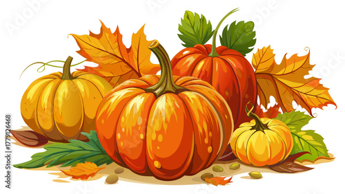 Very beautiful close-up of small pumpkins and autumn leaves on white background, realistic fall colors and textures.