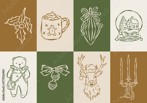 Vintage cozy Christmas illustration set. Art for greeting cards, wedding invitations, poster design, postcards, branding, logo design, background. Matisse style doodles.