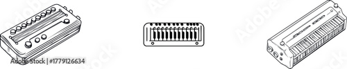 Continuous line drawing is a key feature of this minimalist illustration, which presents a modern and simple depiction of a harmonica in one-line art style